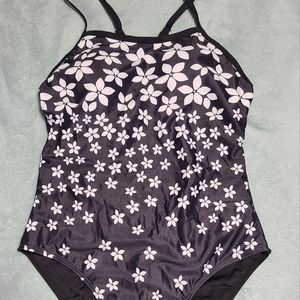 Black and white floral racerback one piece bathing suit